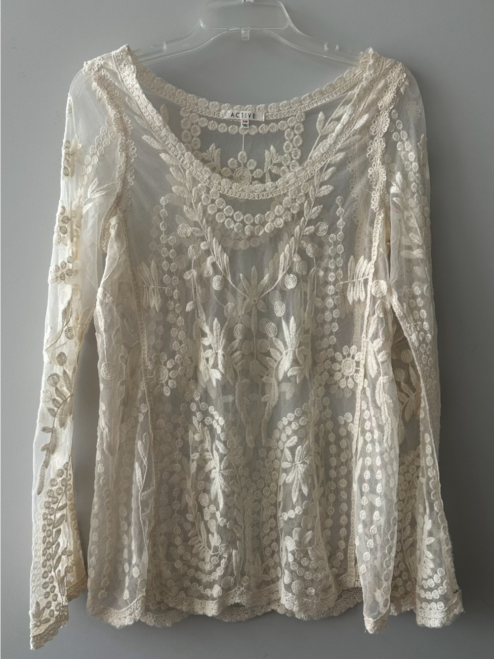 Lace Embroidered Long-Sleeve Dress Top - Cream